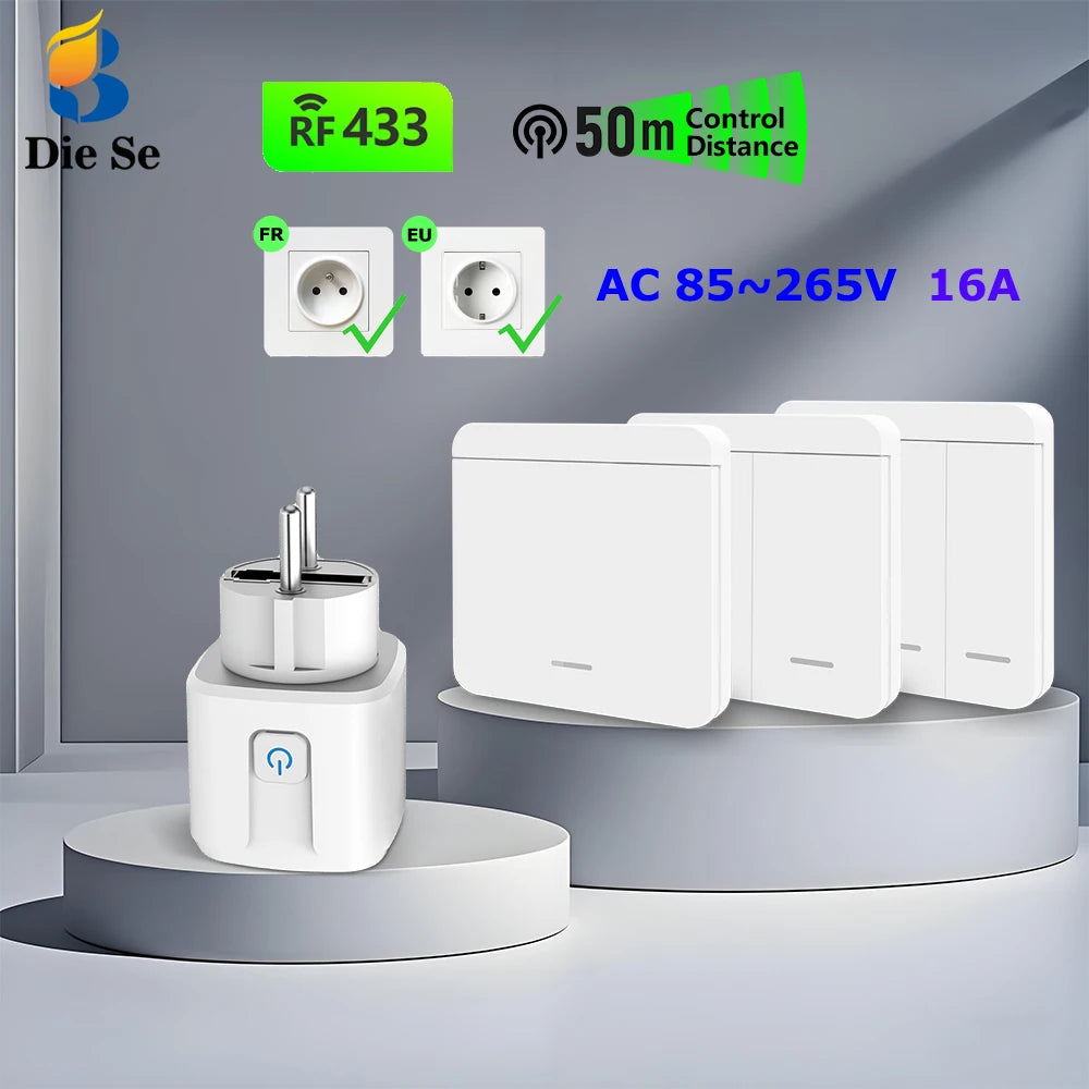 RF Wireless Smart Plug 110V 220V 16A High-power Socket and 86 Wireless Push Button Wall Switch with Battery for Home Appliance