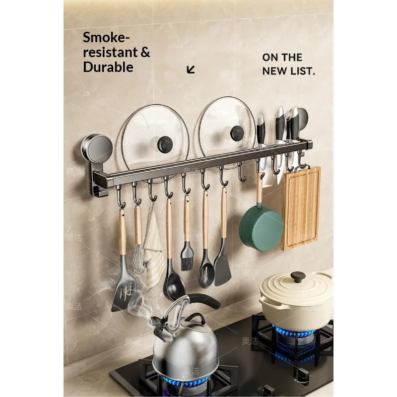Suction Cup Kitchen Storage Rack Hook Rod No Drill Required Pot Spatula Spoon Knife Integrated Wall-Mounted Storage Rack
