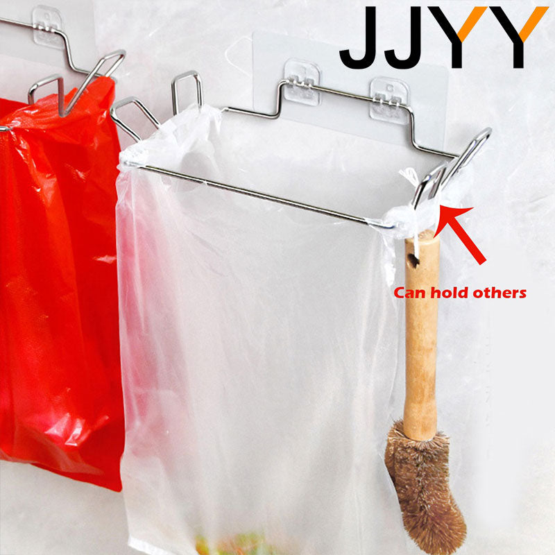 JJYY Kitchen Trash Rack Cabinet Door Garbage Bags Holder Stainless Steel Closet Garbage Storage Holder Kitchen Storage Supplies