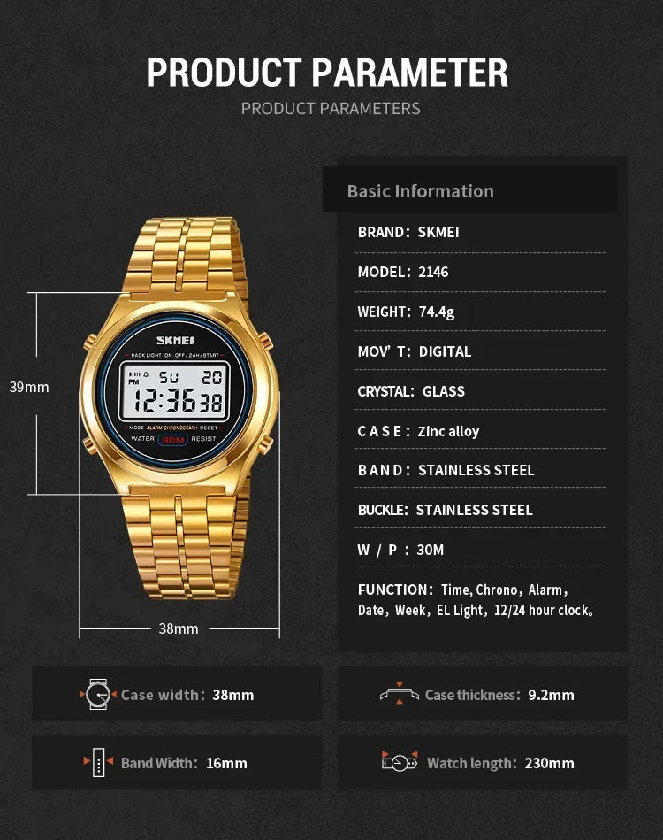 SKMEI 2146 Back Light Display Stopwatch Digital Sport Watches Stainless Steel Men Waterproof Date Alarm Wriswatch reloj hombre
