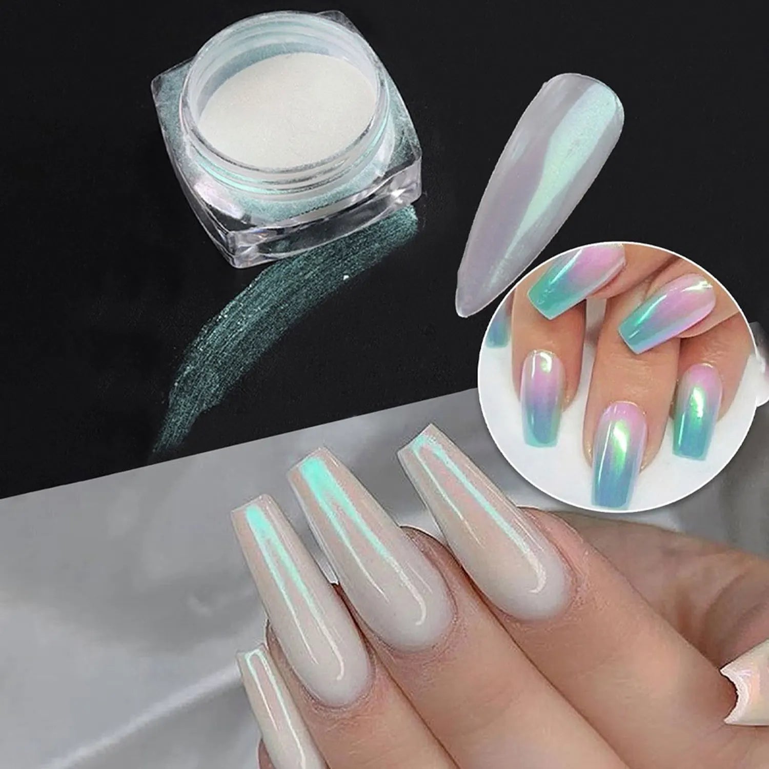 Pearl White Rubbing on Nail Art Glitter Dust Chrome Aurora Yellow Purple Manicure Decorations Mirror Mermaid Nail Powder Pigment