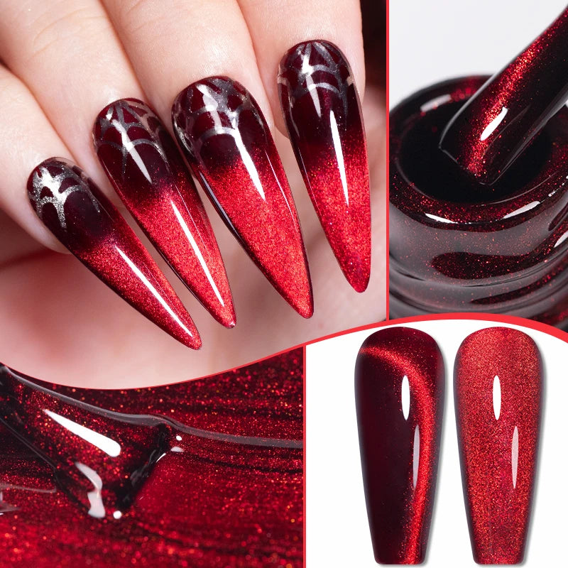 PUENTE 7.5ML Wine Red Cat Magnetic Gel Nail Polish Super Shiny Ruby Red Cat Eye Gel Soak Off UV Semi-Permanent Nail Art Varnish