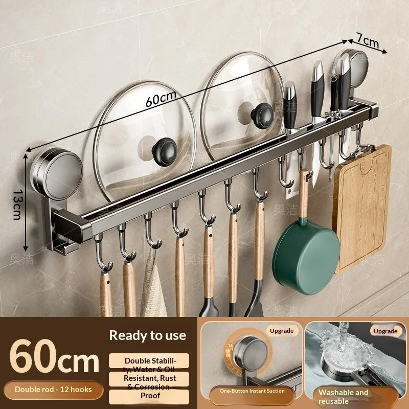 Suction Cup Kitchen Storage Rack Hook Rod No Drill Required Pot Spatula Spoon Knife Integrated Wall-Mounted Storage Rack