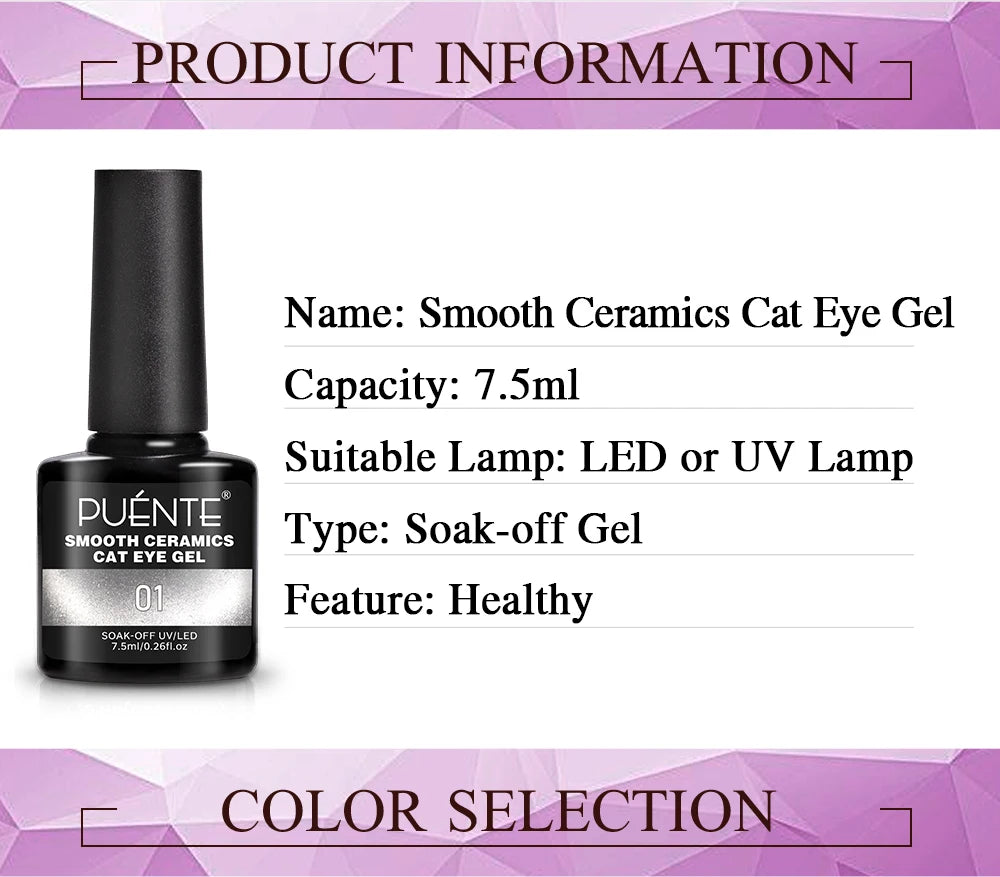 PUENTE 7.5ML Smooth Ceramics Cat Magnetic Gel Nail Polish White Moonlight Shades Cat Eye Soak Off UV Nail Art Varnish Manicure