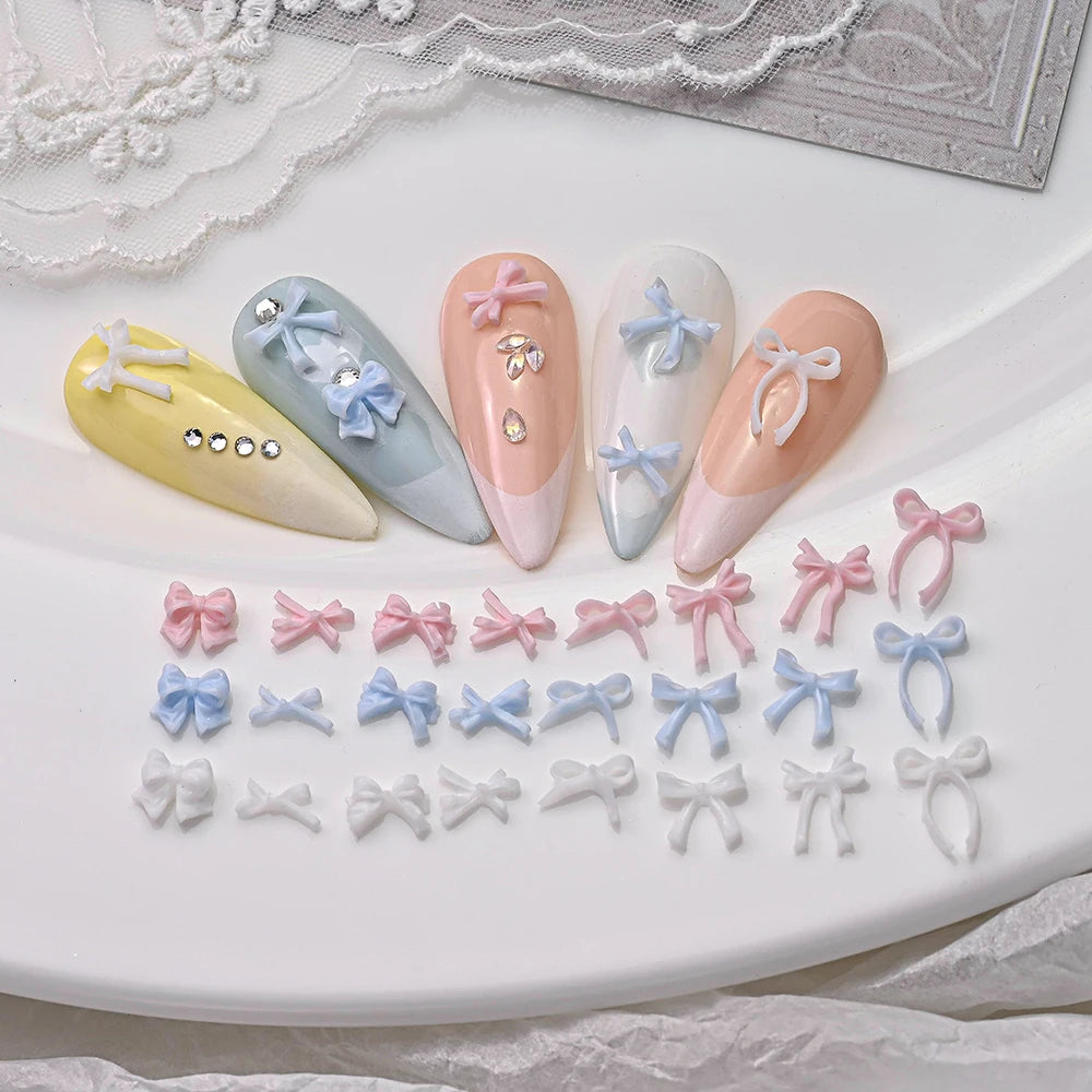 100pcs 3D Baby Blue Mixed Bowknot Nail Art Decorations Resin Sweet Ribbon Bows Nails Charms for DIY Crafts Manicure Accessories