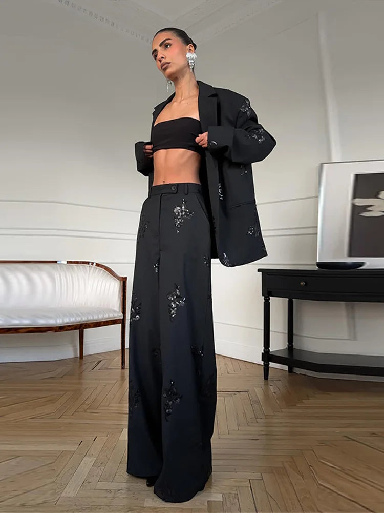 Woman Pants Set Sequin Suits Lapel Collar Coats Blazer Tops Wide Leg Trousers Loose Jackets 2-Piece Sets 2026 Spring New Clothes