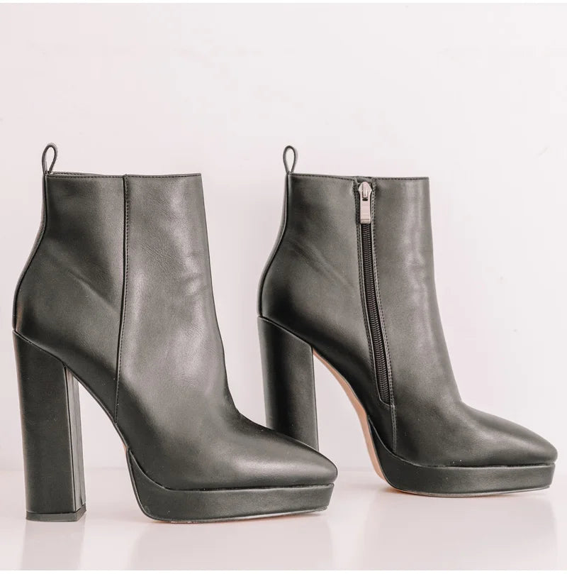 Onlymaker Women Pointed Toe Ankle Boots Black Matte Flock Chunky Heel Platform Booties Party Shoes Large Size Short Boots