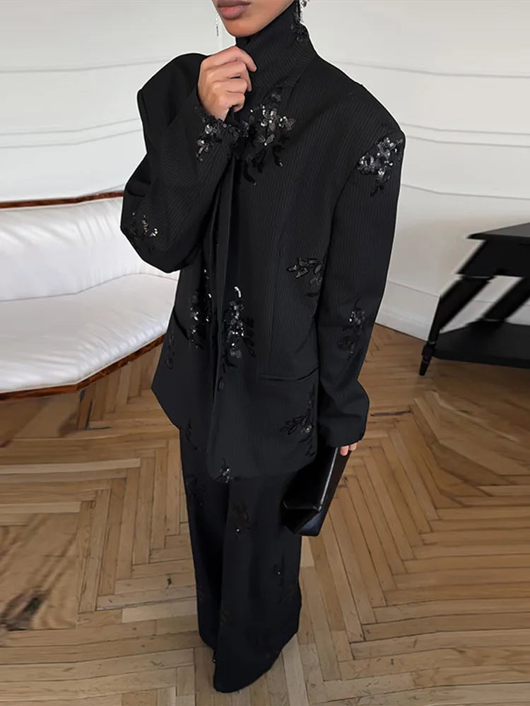 Woman Pants Set Sequin Suits Lapel Collar Coats Blazer Tops Wide Leg Trousers Loose Jackets 2-Piece Sets 2026 Spring New Clothes