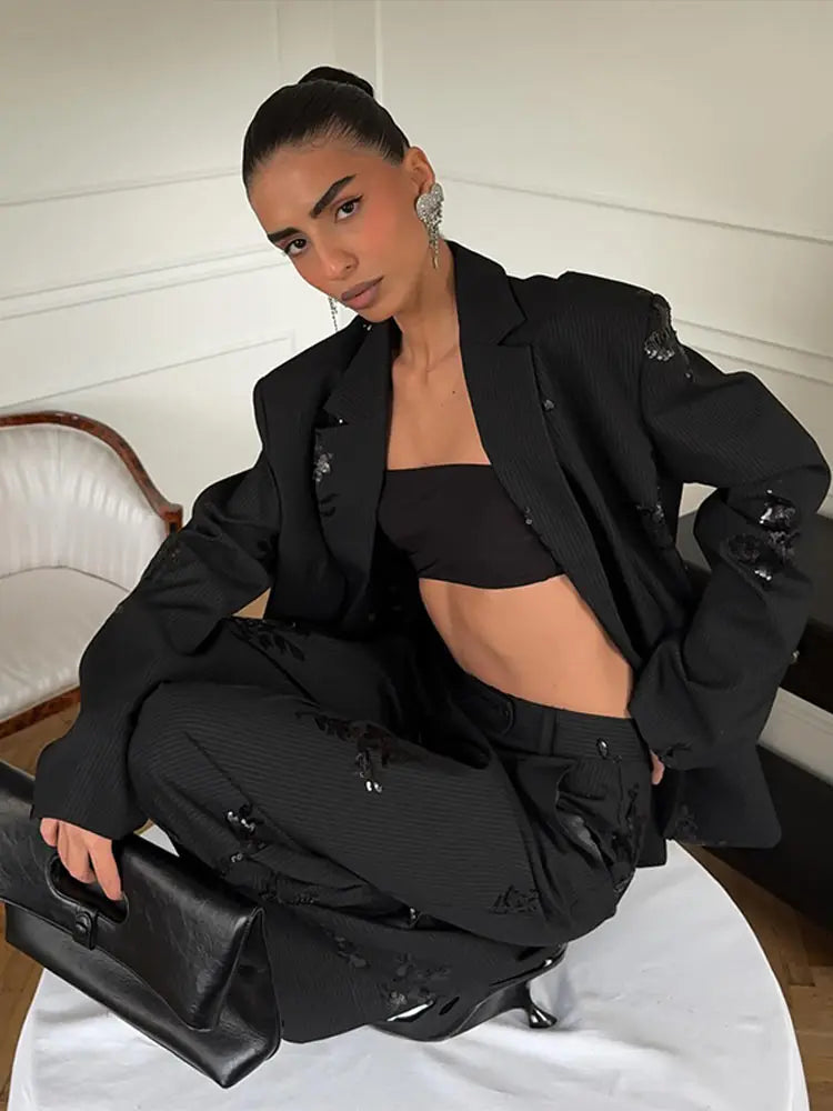 Woman Pants Set Sequin Suits Lapel Collar Coats Blazer Tops Wide Leg Trousers Loose Jackets 2-Piece Sets 2026 Spring New Clothes