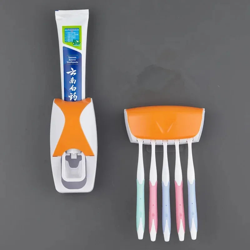 1 set of easy-to-use toothbrush holder with automatic toothpaste dispenser, wall mounted toothbrush storage rack, and bathroom