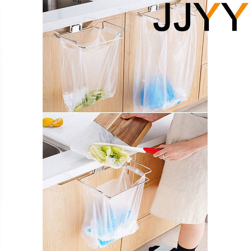 JJYY Kitchen Trash Rack Cabinet Door Garbage Bags Holder Stainless Steel Closet Garbage Storage Holder Kitchen Storage Supplies
