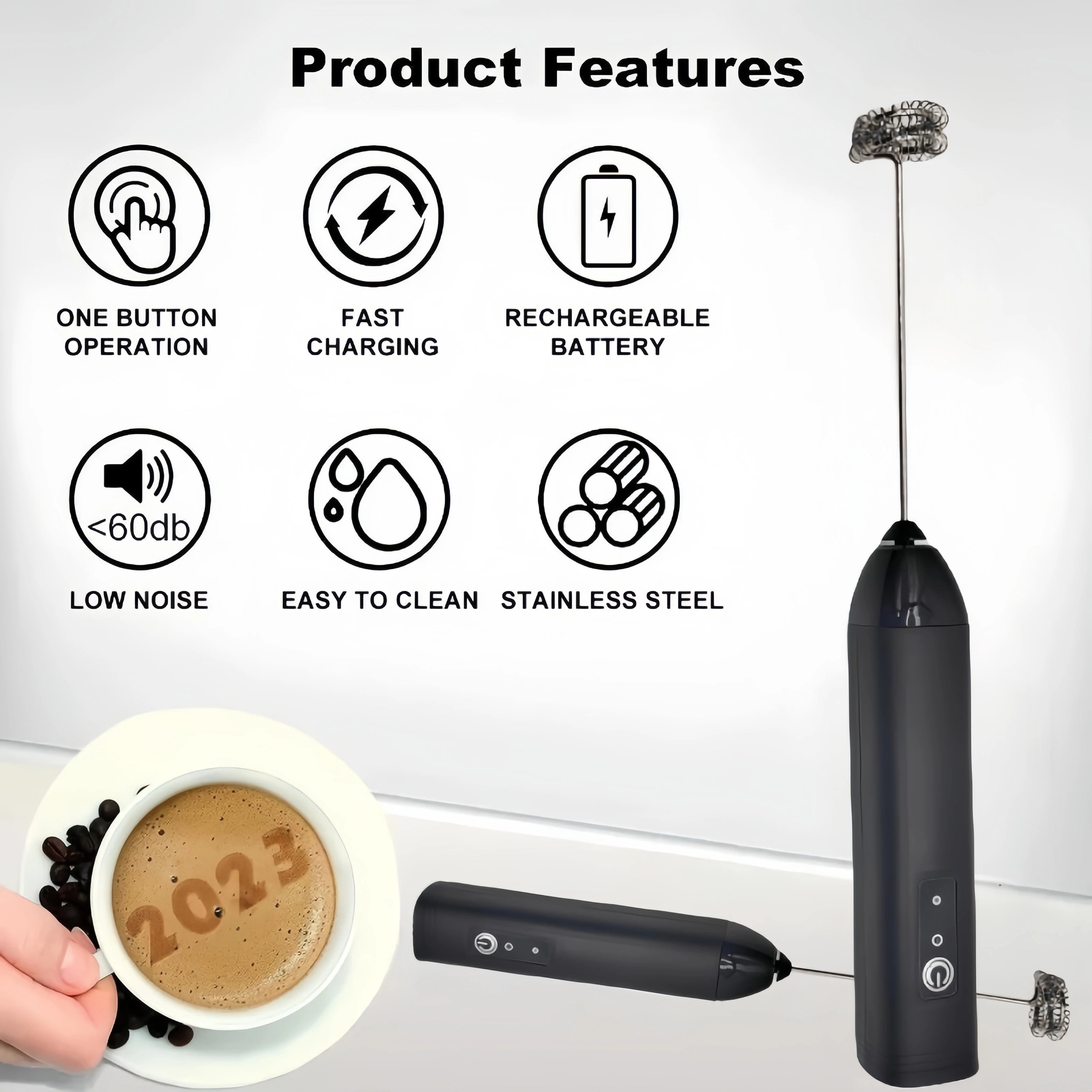 MINI Milk Frother USB Rechargeable 3 Speeds Foam Maker Coffee Whisk Mixer Electric Handle Blender Egg Beater