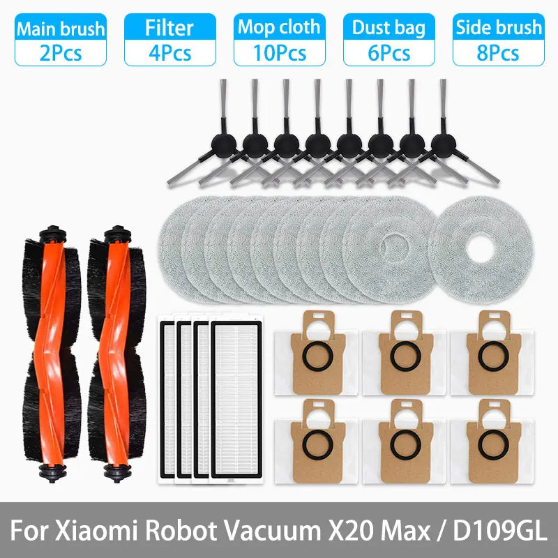 For Xiaomi Robot Vacuum X20 Max / D109GL Parts Accessories Main Brush Side Brush Hepa Filter Mop Cloth Dust Bag Replacement