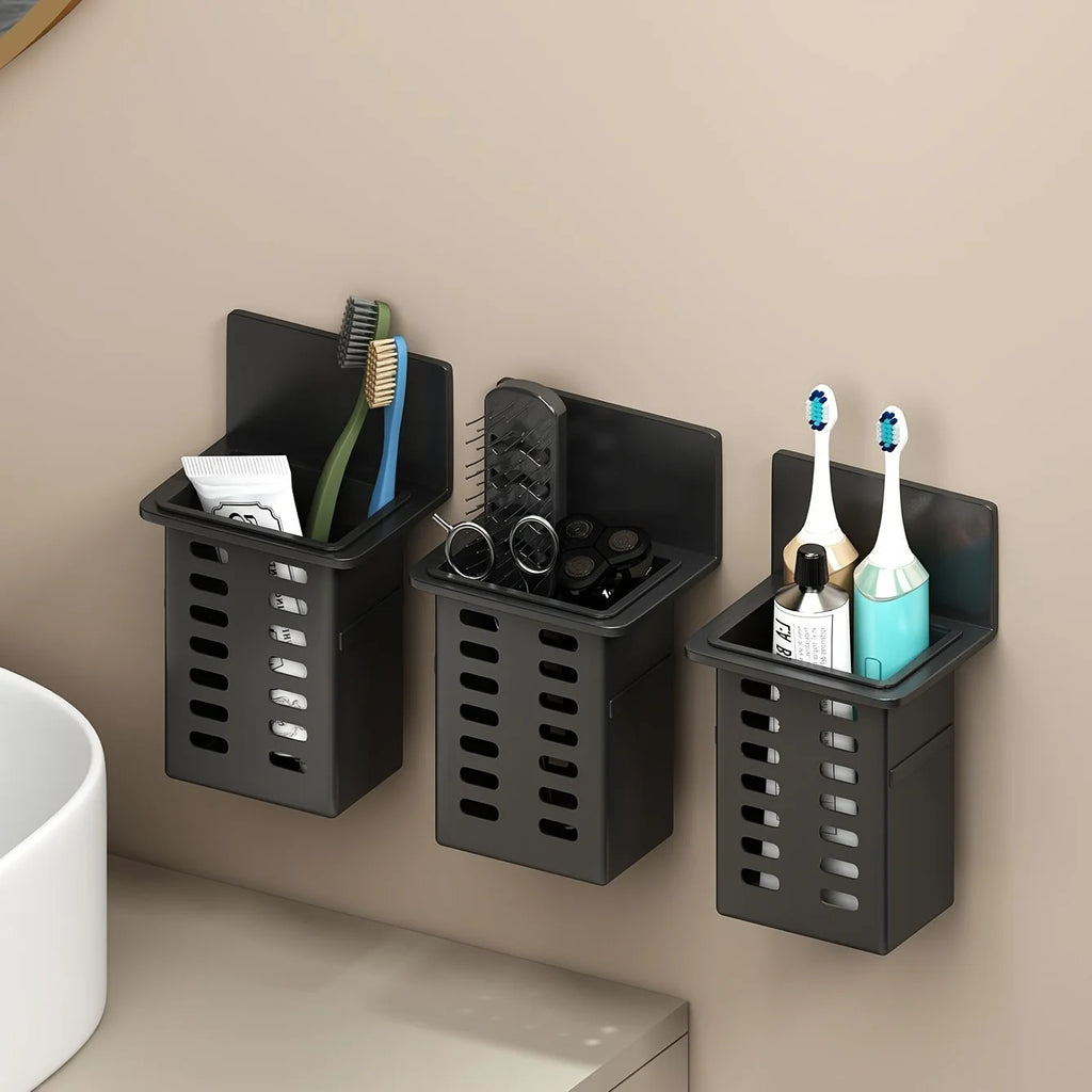 Black Wall-mounted Toothpaste & Toothbrush Holders. Storage box for bathroom items, phones & AC remotes. Traceless installation.