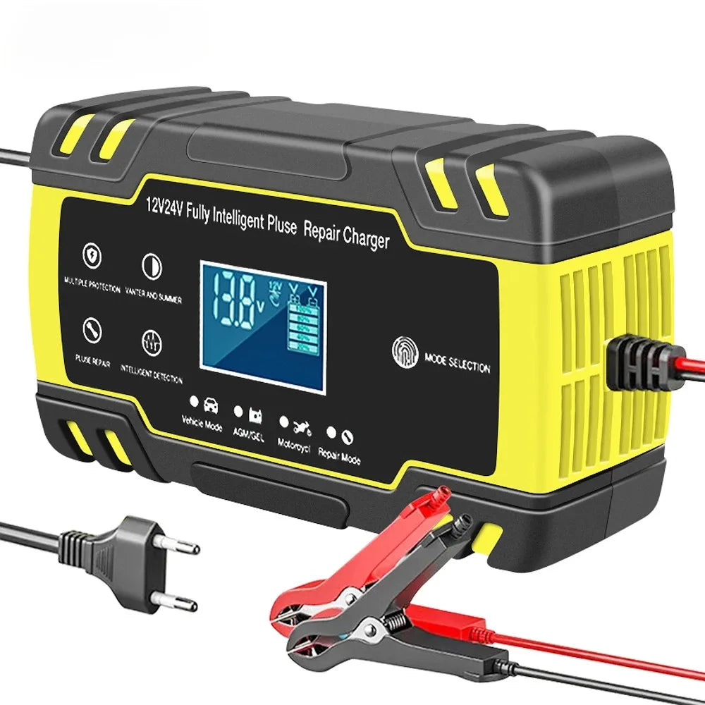 Car Battery Charger 12V 24V Pulse Repair LCD Display Smart Fast Charge AGM Deep Cycle GEL Lead-Acid Charger For Auto Motorcycle