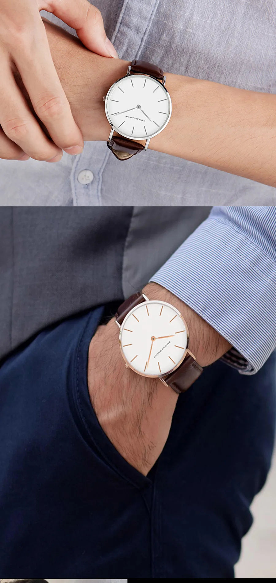 Hannah Martin Brand Fashion  Japan Quartz Wrist Watches Silver Brown Leather Men Watch Waterproof Dress Watch Men Casual