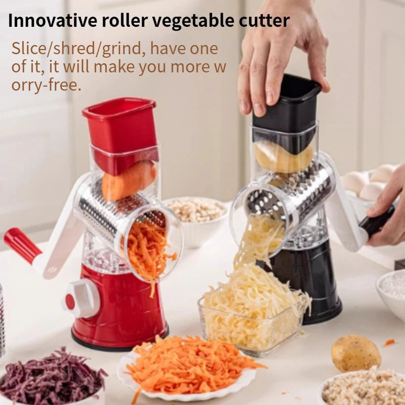 Hot selling 3-in-1 manual vegetable cutting machine with 3 sharp rollers, cheese, potatoes, garlic, kitchen cooking accessories