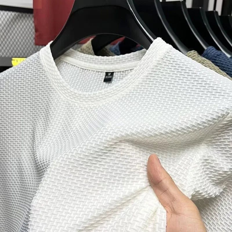 Mesh Ice Silk T-shirt Men's Short sleeved Round Neck New T-sleeved Men's Bottom Shirt Summer Solid Color Men's Top