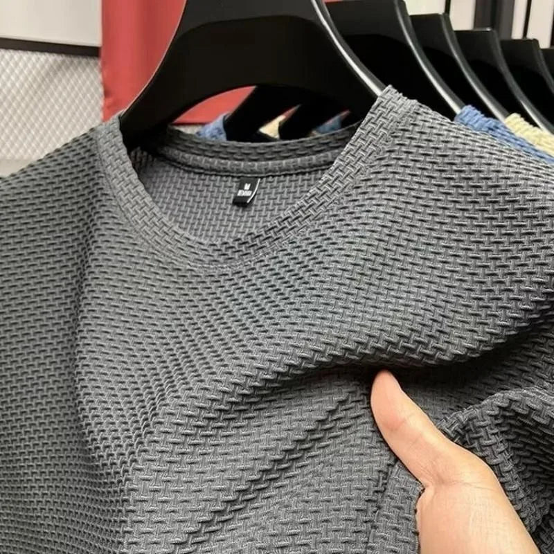 Mesh Ice Silk T-shirt Men's Short sleeved Round Neck New T-sleeved Men's Bottom Shirt Summer Solid Color Men's Top