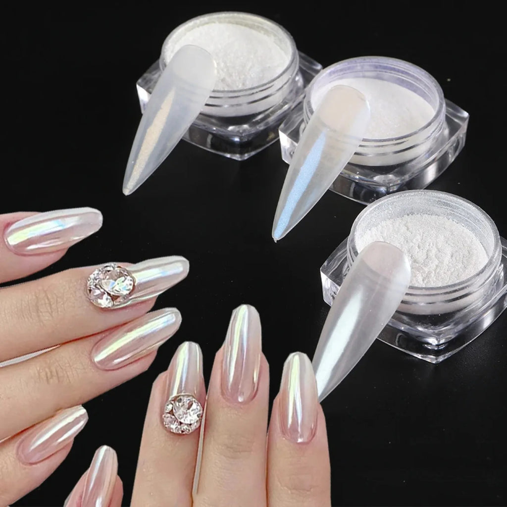 Pearl White Rubbing on Nail Art Glitter Dust Chrome Aurora Yellow Purple Manicure Decorations Mirror Mermaid Nail Powder Pigment