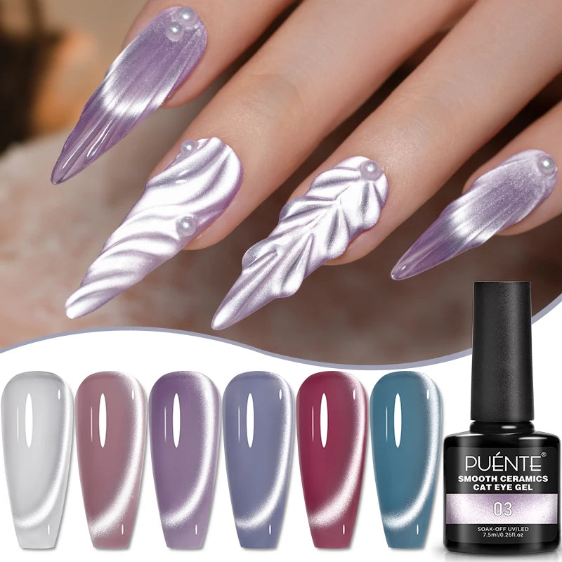 PUENTE 7.5ML Smooth Ceramics Cat Magnetic Gel Nail Polish White Moonlight Shades Cat Eye Soak Off UV Nail Art Varnish Manicure