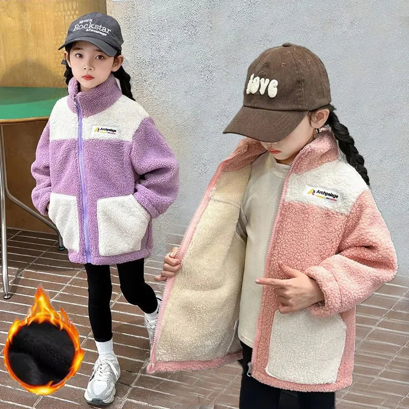 LambWool Warm Jackets For Girls Children Autumn Winter Outerwear Kids Plus Velvet Coats New Teenager Fashion Padded Clothing