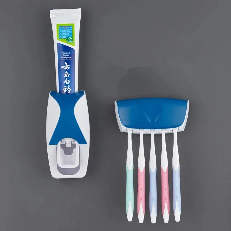 1 set of easy-to-use toothbrush holder with automatic toothpaste dispenser, wall mounted toothbrush storage rack, and bathroom