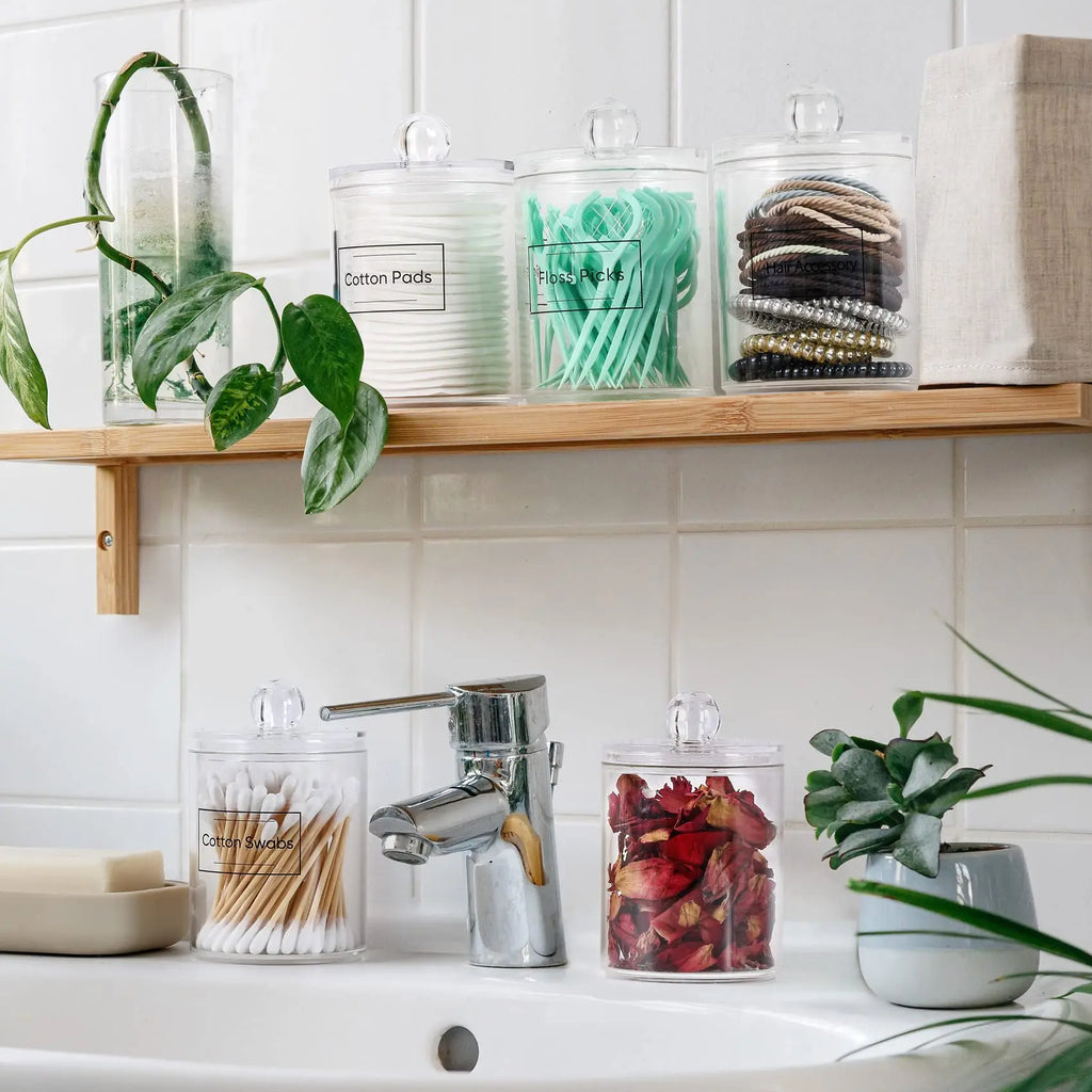 4 Pack Acrylic Qtip Holder Dispenser for Cotton Swabs, Balls, Pads, Floss Picks- Small Clear Vanity Makeup Storage Box Organizer