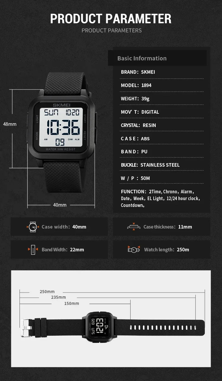 SKMEI 1894 Military Waterproof Mens Watches Electronic Shock Digital Watch For Men Sports Wristwatches 1841 Relogios Masculinos