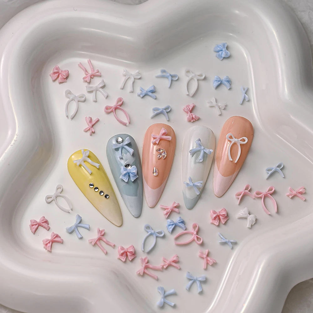 100pcs 3D Baby Blue Mixed Bowknot Nail Art Decorations Resin Sweet Ribbon Bows Nails Charms for DIY Crafts Manicure Accessories