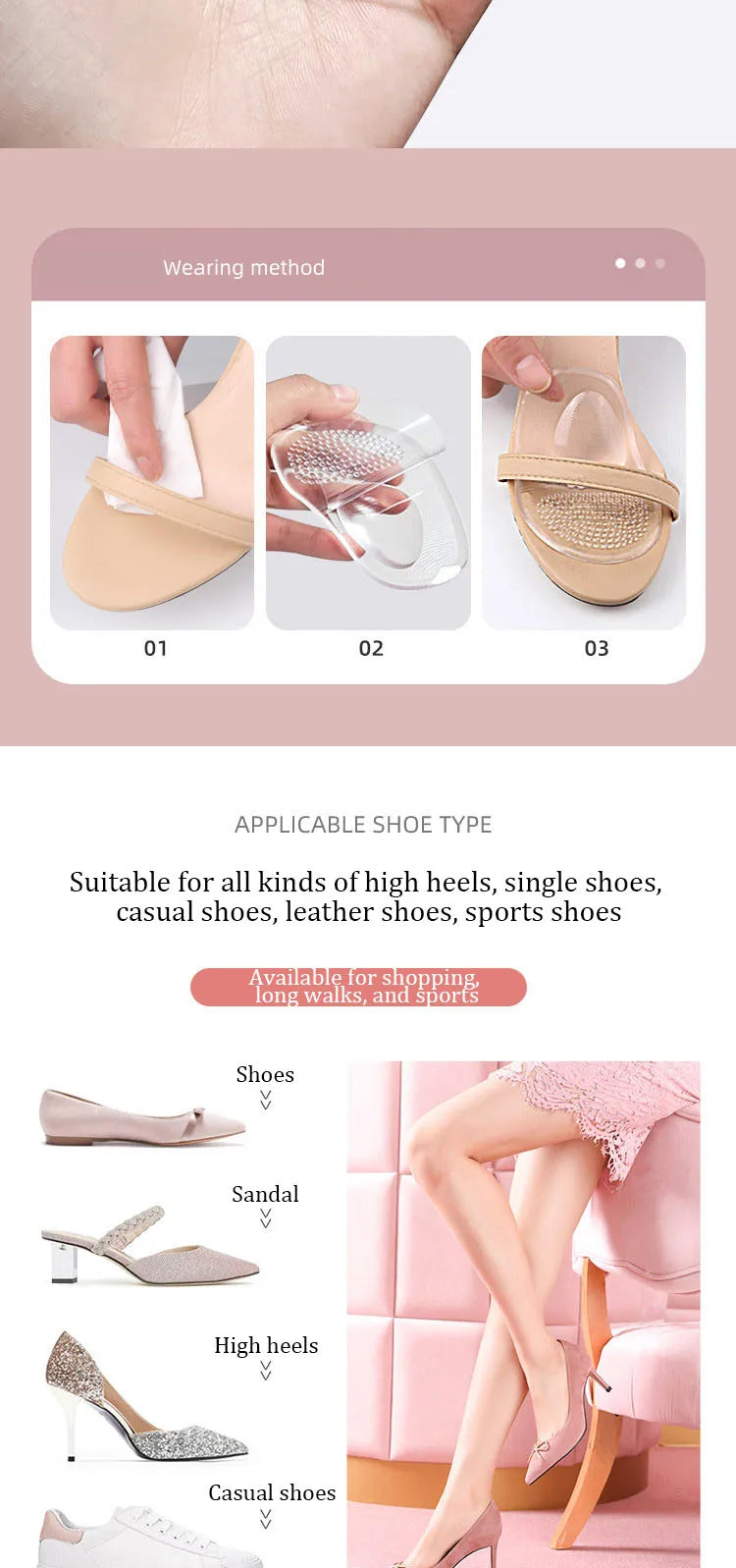1Pair Heels Forefoot Pads Relieve Pain Orthopedic Insoles Silicone Cushion Sandals Foot Care Products GEL Non-slip Shoes Pad