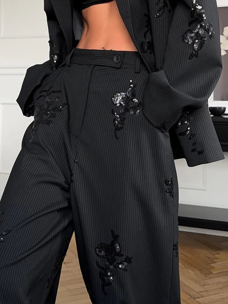 Woman Pants Set Sequin Suits Lapel Collar Coats Blazer Tops Wide Leg Trousers Loose Jackets 2-Piece Sets 2026 Spring New Clothes
