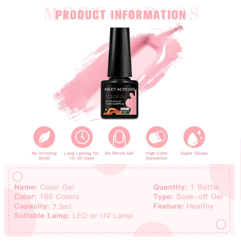MEET ACROSS 160 Colors 7.3ml Gel Nail Polish Pink Green Blue Fluorescent Summer Glitter Varnish Semi Permanent Nail Art Gel