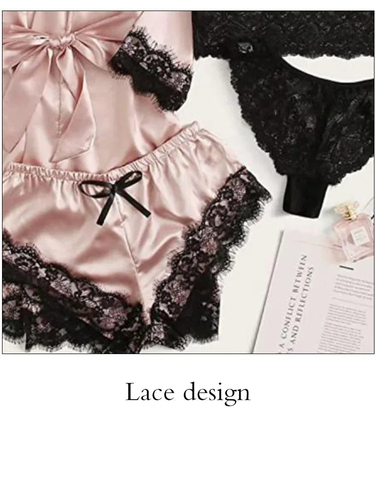 4 Pieces Woman Sleepwear Pajamas Ser With Robe Sexy Lace Lingerie Bathrobe Silk Satin Home Clothed Nightwear Robe