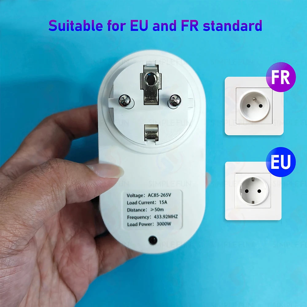 Wireless Remote Control Socket 220V 110V EU FR Smart Plug,50m Control Range,Power Outlet 15A for Home Appliance Light Fan