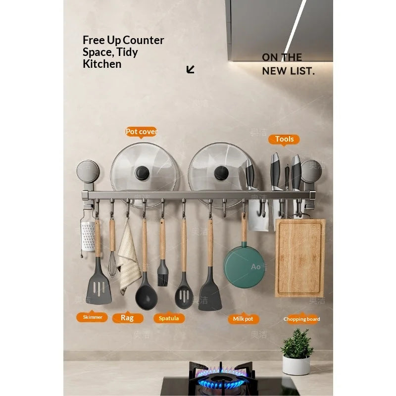 Suction Cup Kitchen Storage Rack Hook Rod No Drill Required Pot Spatula Spoon Knife Integrated Wall-Mounted Storage Rack