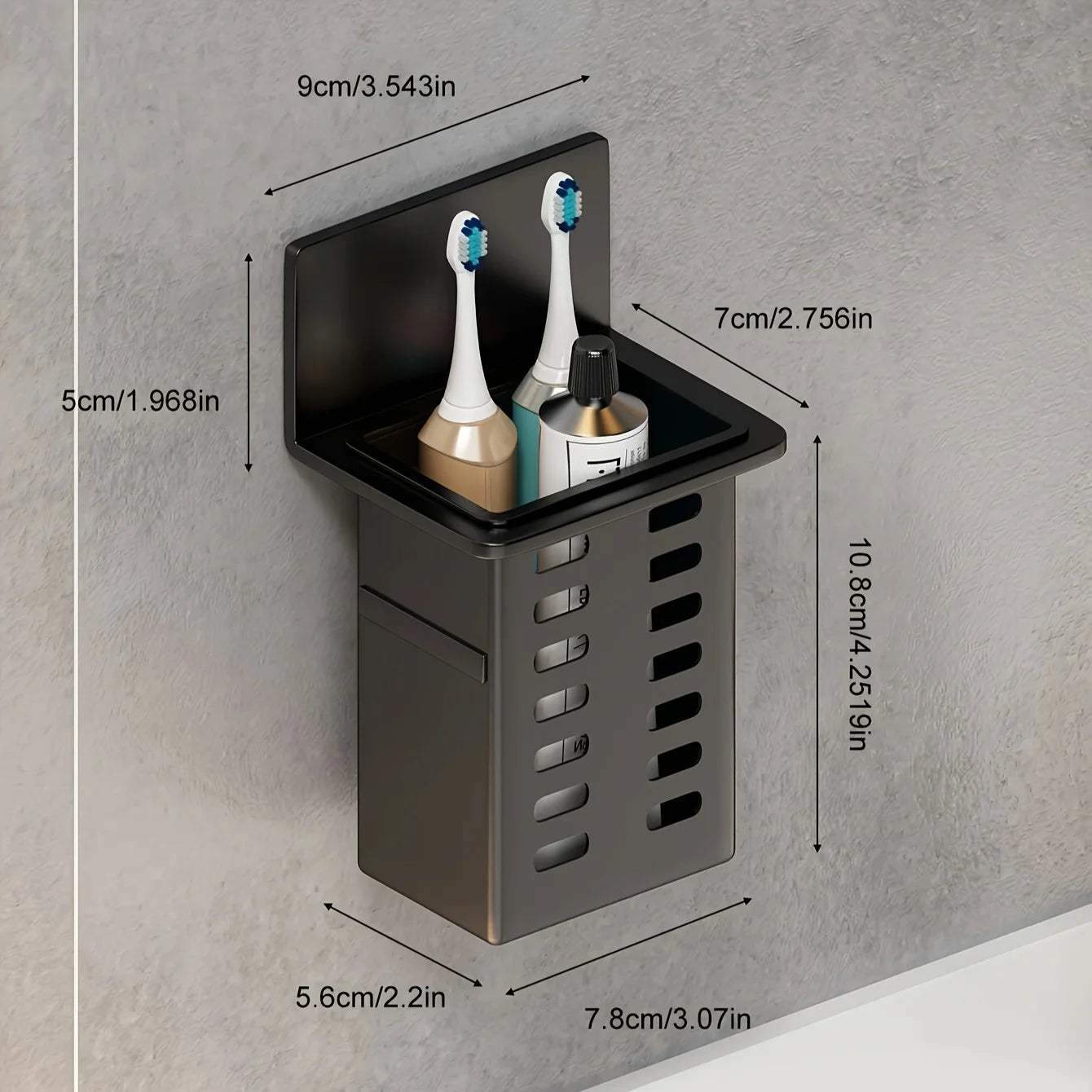 Black Wall-mounted Toothpaste & Toothbrush Holders. Storage box for bathroom items, phones & AC remotes. Traceless installation.