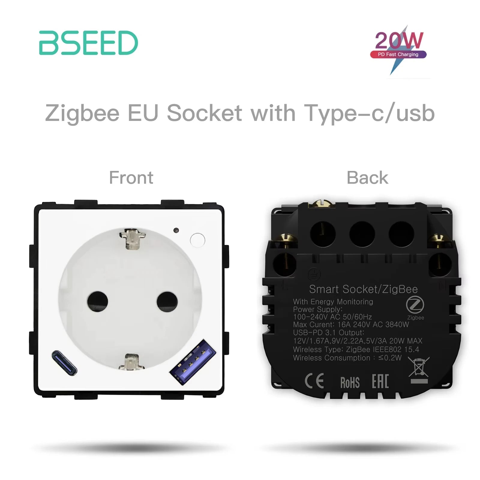 BSEED Zigbee Power Socket Tuya Smart EU Socket Plug With 20W Type-c USB Functions Parts Matte Plastic Frames DIY Accessories