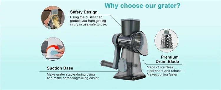 2025 3-in-1 Rotary Cheese Grater Multifunctional Manual Veg Slicer Nut Grinder Kitchen Essential Tool