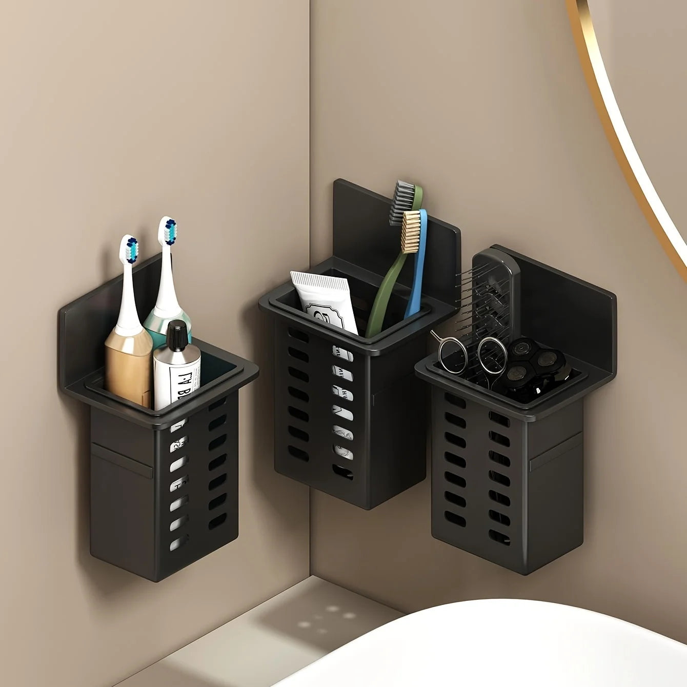 Black Wall-mounted Toothpaste & Toothbrush Holders. Storage box for bathroom items, phones & AC remotes. Traceless installation.