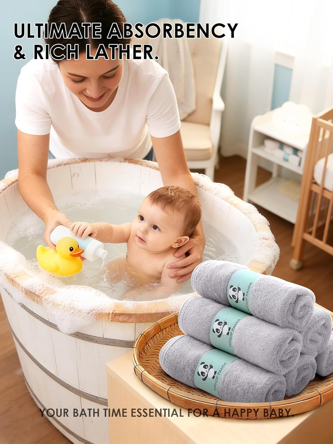 Baby Washcloths, Rayon Made from Bamboo - 2 Layer Ultra Soft Absorbent Newborn Bath Face Towel - Reusable Baby Wipes for Delicate Skin - Grey, 6 Pack