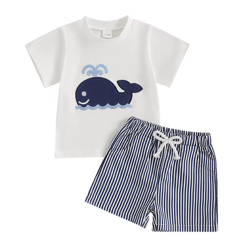 Baby Boy Shorts Set Whale/Dinosaur/Turtle Short Sleeve T-Shirts Striped Elastic Waist Shorts Clothes Toddler Summer Outfit