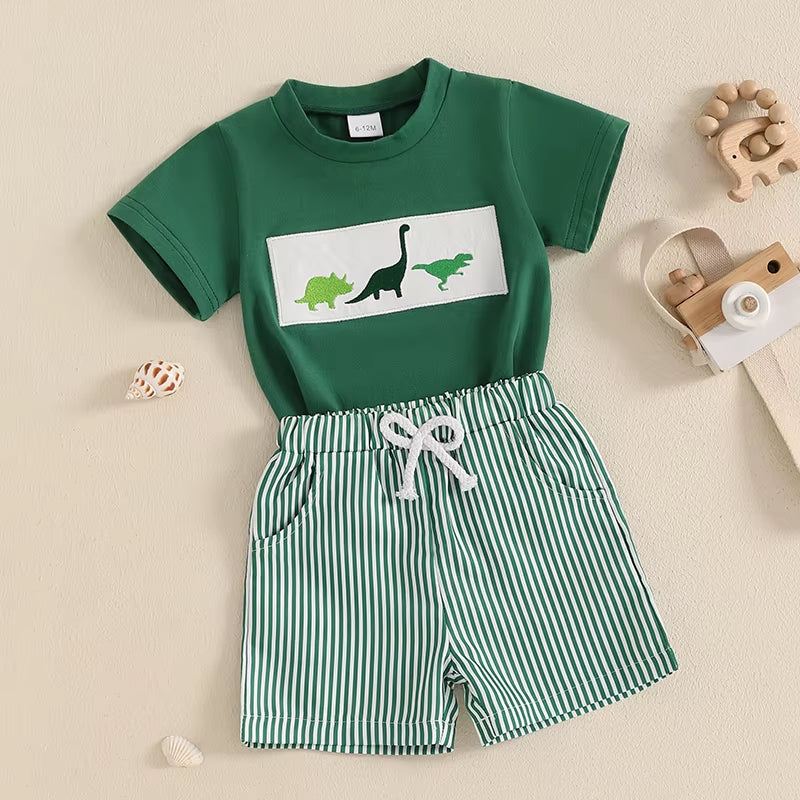 Baby Boy Shorts Set Whale/Dinosaur/Turtle Short Sleeve T-Shirts Striped Elastic Waist Shorts Clothes Toddler Summer Outfit
